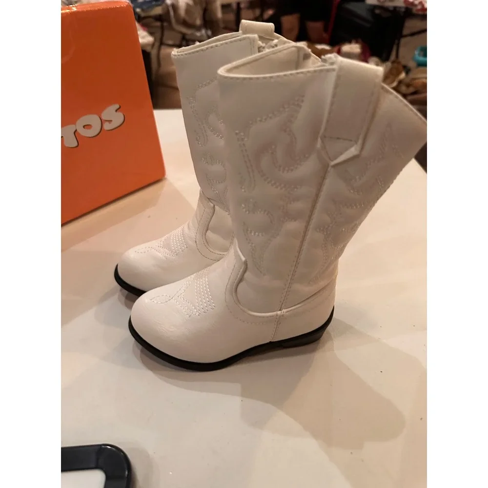 Ositos White Western Cowboy Boots Faux Leather Stitched Mid Calf Size 5 Kids